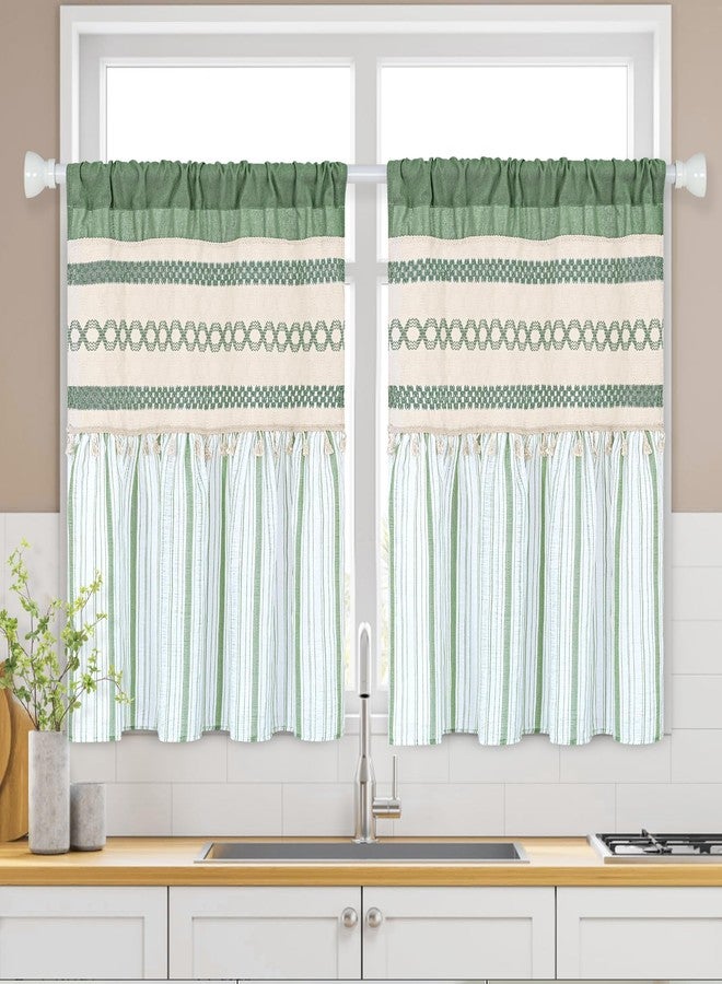 FRAMICS Farmhouse Linen Kitchen Curtains 36 Inch Length Green Striped Short Curtain for Windows Boho Crochet Small Window Curtains for Kitchen Rod Pocket Tier Curtain for Bathroom, Cafe, 2 Panels - Image 1